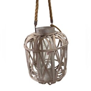 Pottery barn wooden Rustic hanging Woven Lantern with Glass Insert 16”